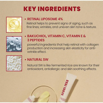 Sérum facial coreano de retinol de 1988, com ginseng preto, niacinamida e vitamina C.