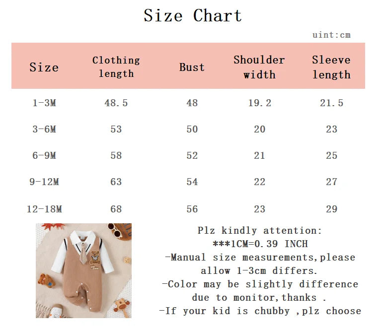 Baby boy Small Gentleman Jumpsuit Cartoon Teddy Bear Long sleeves Jumpsuit
