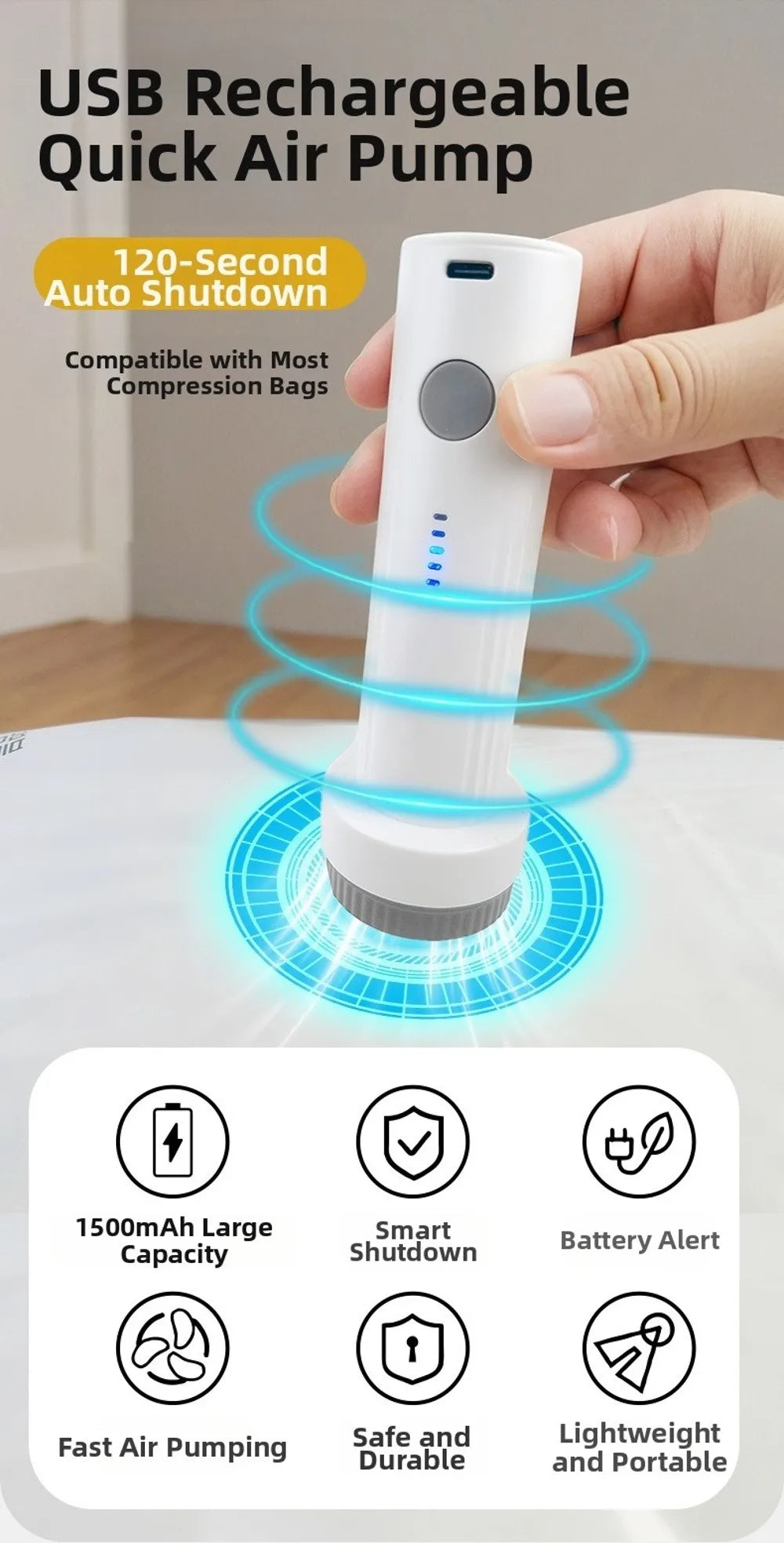 New Rechargeable Electric Vacuum Pump Portable Low Noise Compressed Bag Air