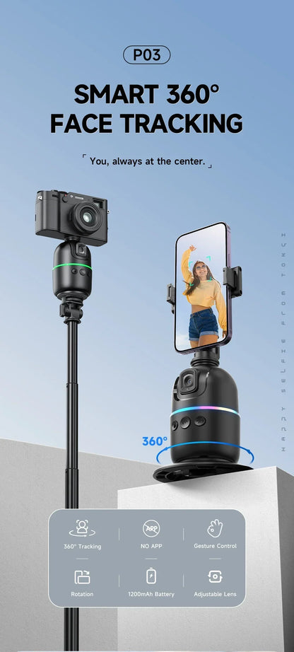 VIKEFON Estabilizador de cardán con seguimiento facial automático inteligente 360° Trípode con palo selfi