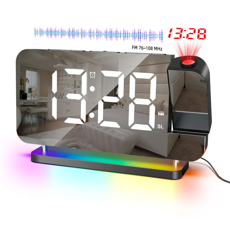 FM Radio 180° Projection Alarm Clock RGB With RGB Night Light 6 Levels Brightness