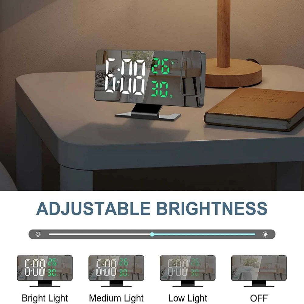 Reloj despertador digital con proyección de brazo de 180°, temperatura, humedad, modo nocturno, repetición de alarma 12/24 h 
