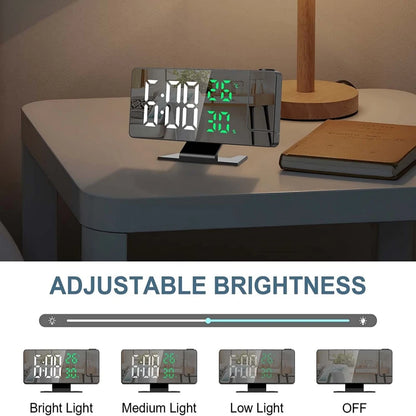Reloj despertador digital con proyección de brazo de 180°, temperatura, humedad, modo nocturno, repetición de alarma 12/24 h 