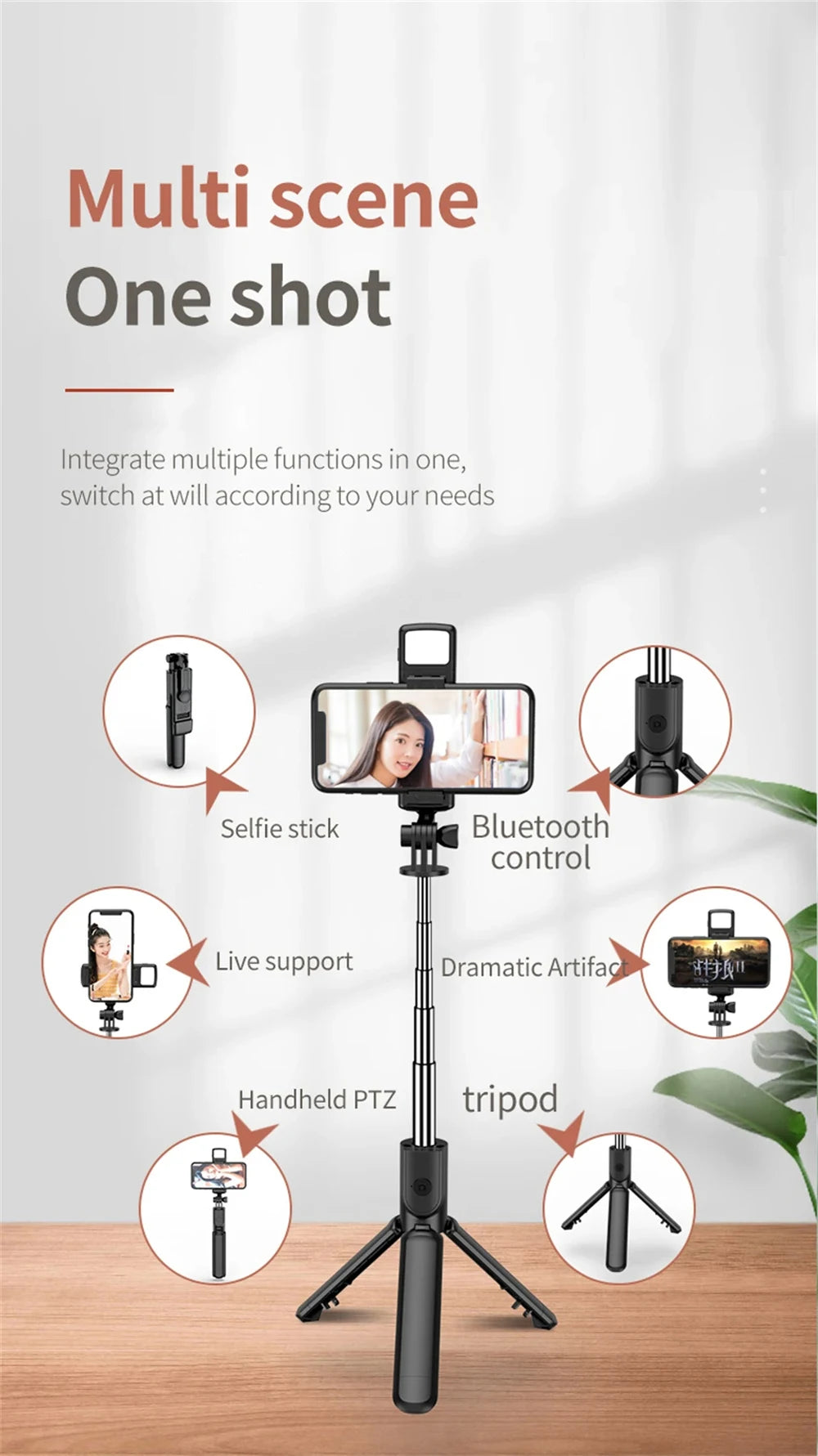 Trípode extensible 3 en 1 con Bluetooth, palo selfi con control remoto y luz de relleno portátil y plegable