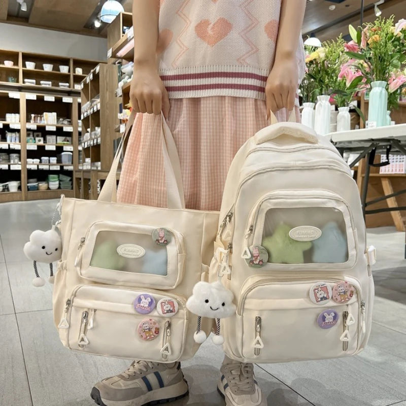 Mochila de camada transparente com vários bolsos e fecho, bolsa exterior grande
