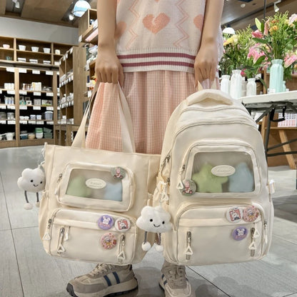 Mochila de camada transparente com vários bolsos e fecho, bolsa exterior grande