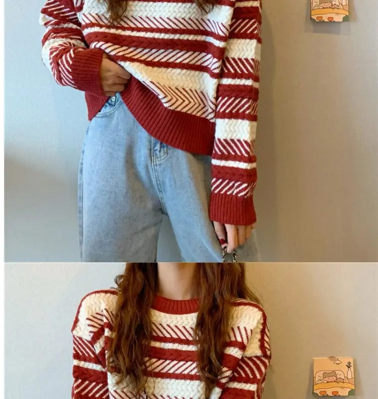 Red Striped Sweater Christmas New Year Woman Top All-match Fashion