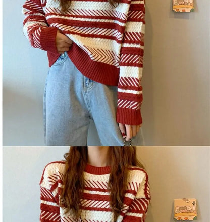 Red Striped Sweater Christmas New Year Woman Top All-match Fashion