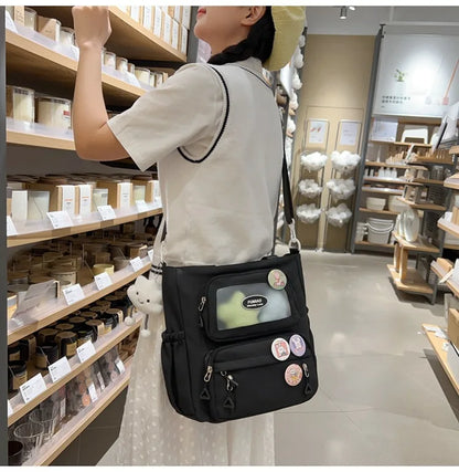 Mochila de camada transparente com vários bolsos e fecho, bolsa exterior grande