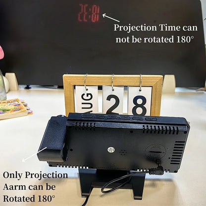 Reloj despertador digital con proyección de brazo de 180°, temperatura, humedad, modo nocturno, repetición de alarma 12/24 h 
