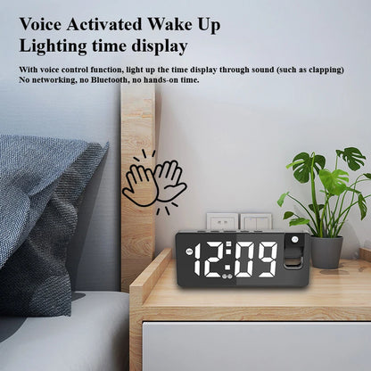 Despertador de projeção multifunções com carregamento USB e ecrã grande