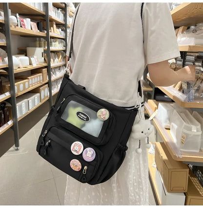 Mochila de camada transparente com vários bolsos e fecho, bolsa exterior grande