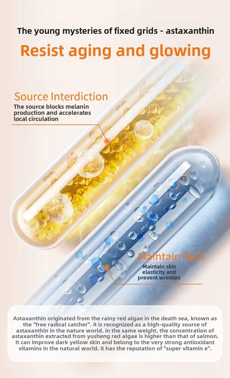 As ampolas faciais antirrugas de astaxantina removem manchas escuras e clareiam a melanina.
